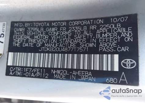 2008 Toyota Prius from USA, damaged, VIN JTDKB20U487717571
